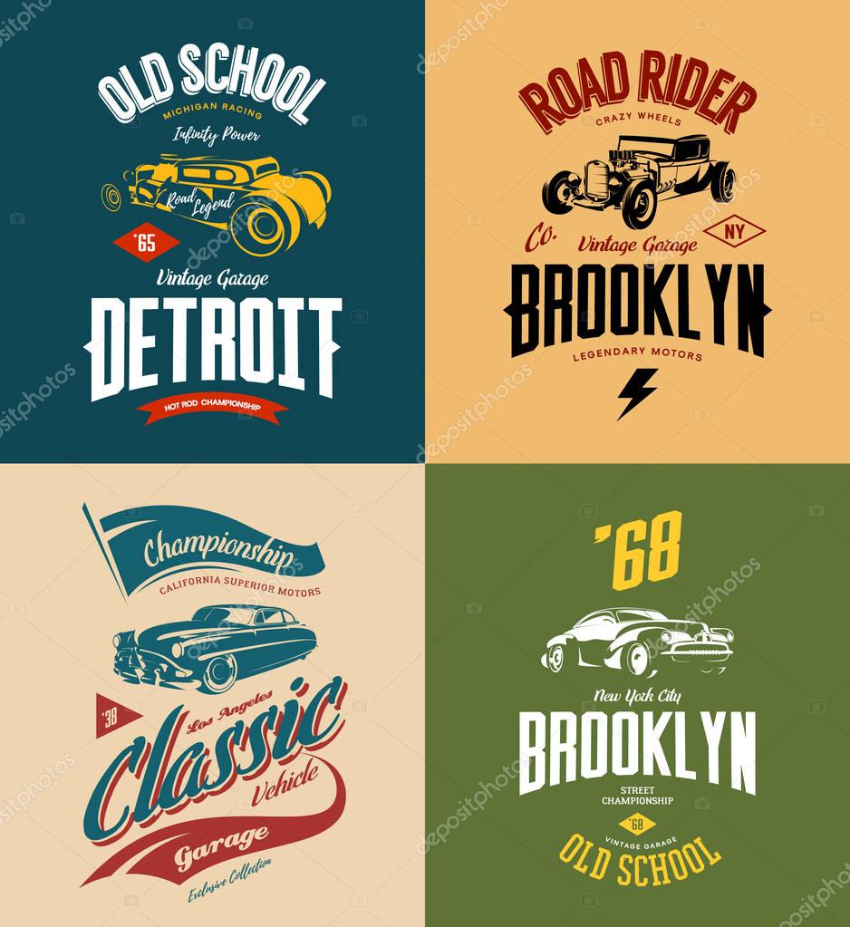 Vintage custom hot rod and classic car vector tee-shirt logo isolated set.Premium quality old sport vehicle logotype t-shirt emblem illustration. American street wear superior retro tee print design.