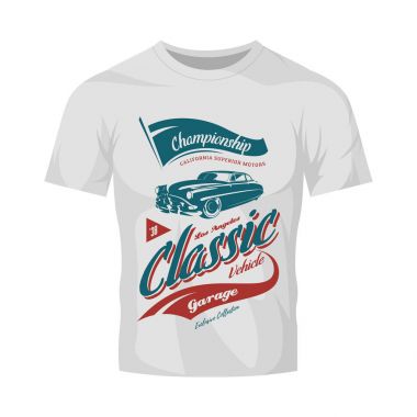 Vintage araç vektör logosu beyaz t-shirt sahte kadar izole.