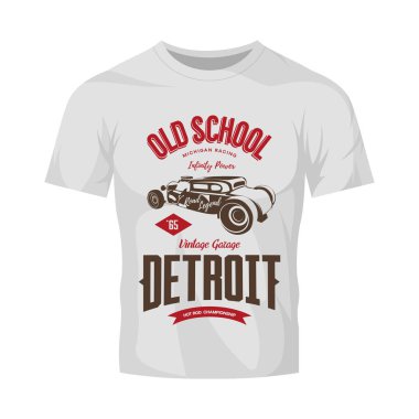 Vintage hot rod vektör logosu beyaz t-shirt sahte kadar izole. 