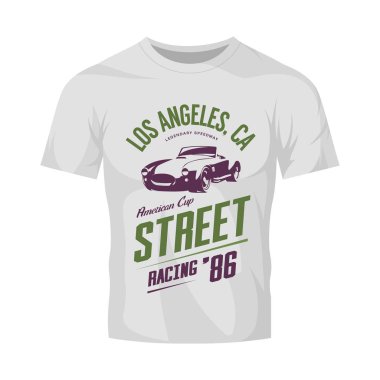 Vintage roadster araba vektör logosu beyaz t-shirt sahte kadar izole. 
