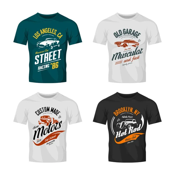 Vintage roadster, personalizzato hot rod e muscolo auto vettore logo t-shirt mock up set . — Vettoriale Stock