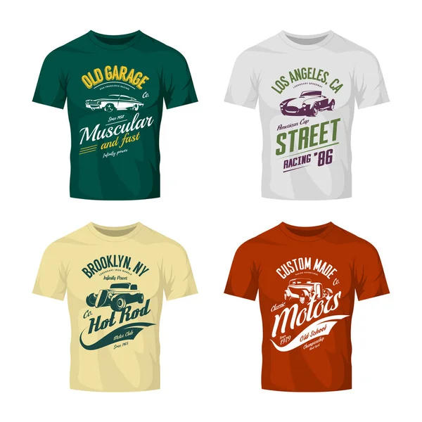 Vektör logo t-shirt sahte set up Vintage roadster, özel sıcak çubuk ve kas araba.