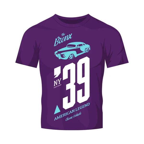 Vintage vehicle vector logo isolated on purple t-shirt mock up. — Stock Vector