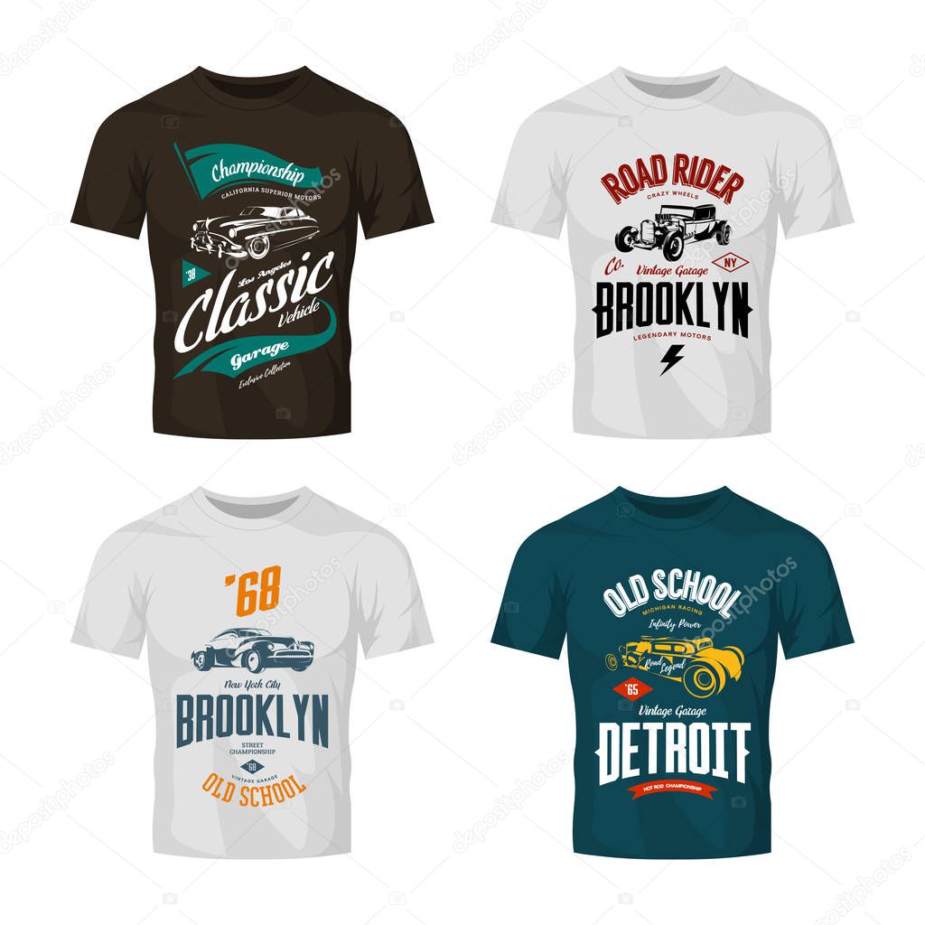 Vintage custom hot rod and classic car vector logo t-shirt mock up set.Premium quality old sport vehicle logotype tee-shirt emblem illustration. American street wear superior retro tee print design.