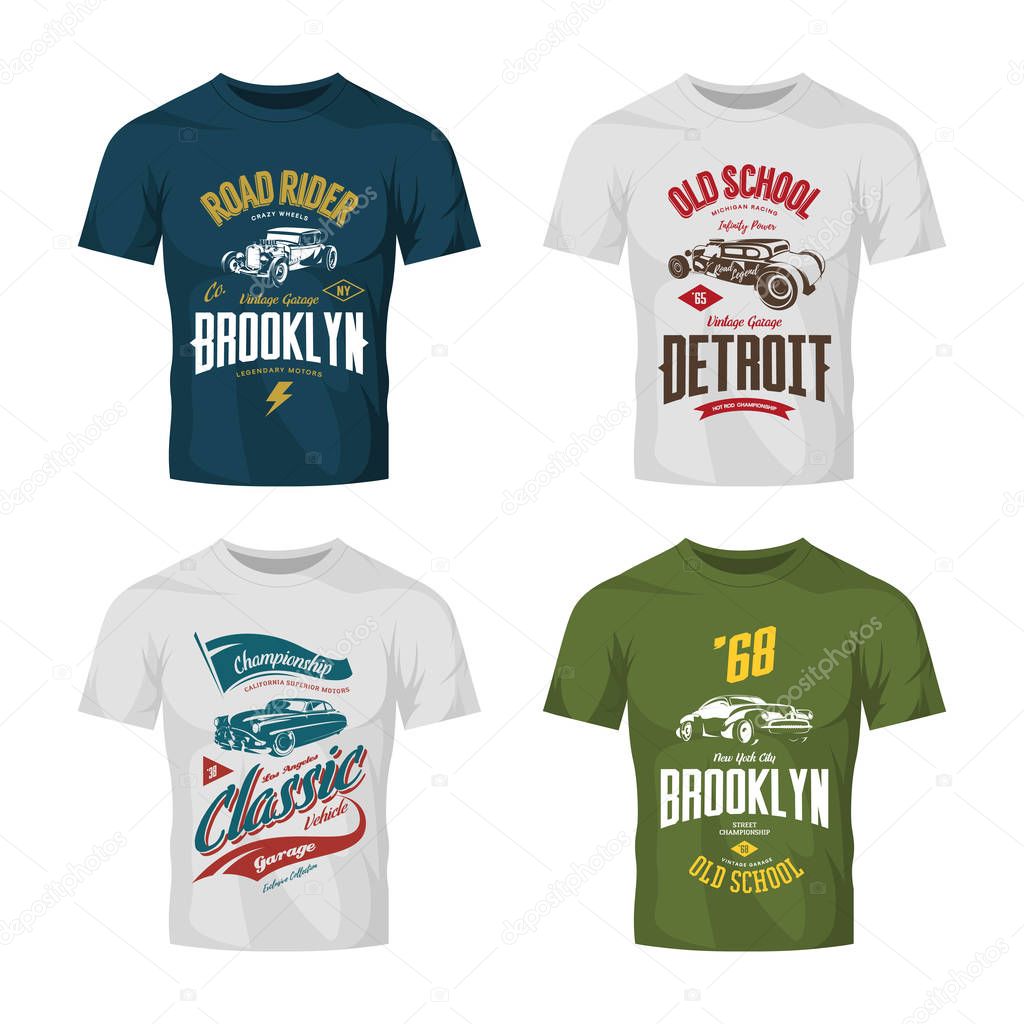 Vintage custom hot rod and classic car vector logo t-shirt mock up set.Premium quality old sport vehicle logotype tee-shirt emblem illustration. American street wear superior retro tee print design.