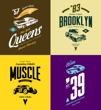 Vintage hot rod, kas araba ve pikap vektör tişört logosu izole ayarla.