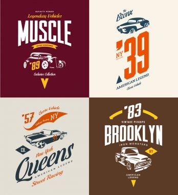 Vintage hot rod, kas araba ve pikap vektör tişört logosu izole ayarla.