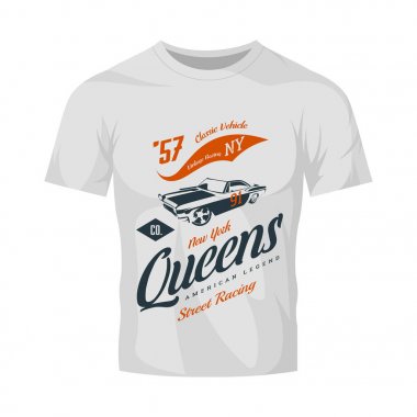 Vintage kas araba vektör logosu beyaz t-shirt sahte kadar izole. 
