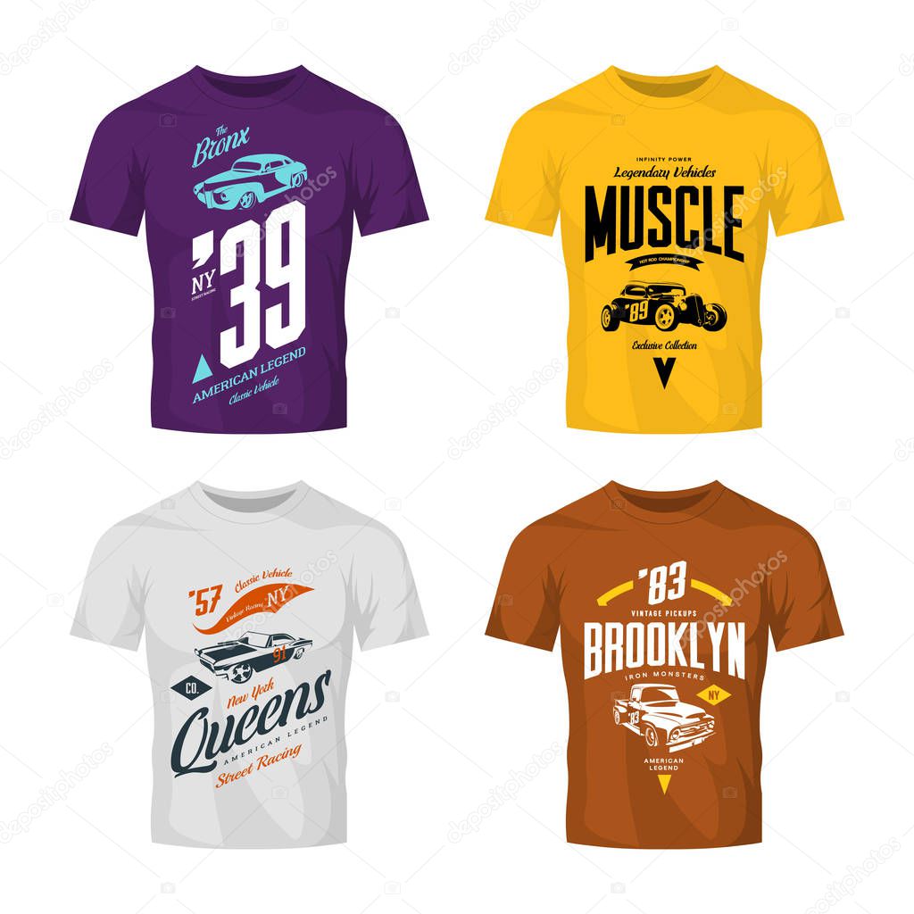 Vintage hot rod, muscle car and pickup vector t-shirt logo mock up set.Premium quality old sport vehicle logotype tee-shirt emblem illustration. New York street wear superior retro tee print design.