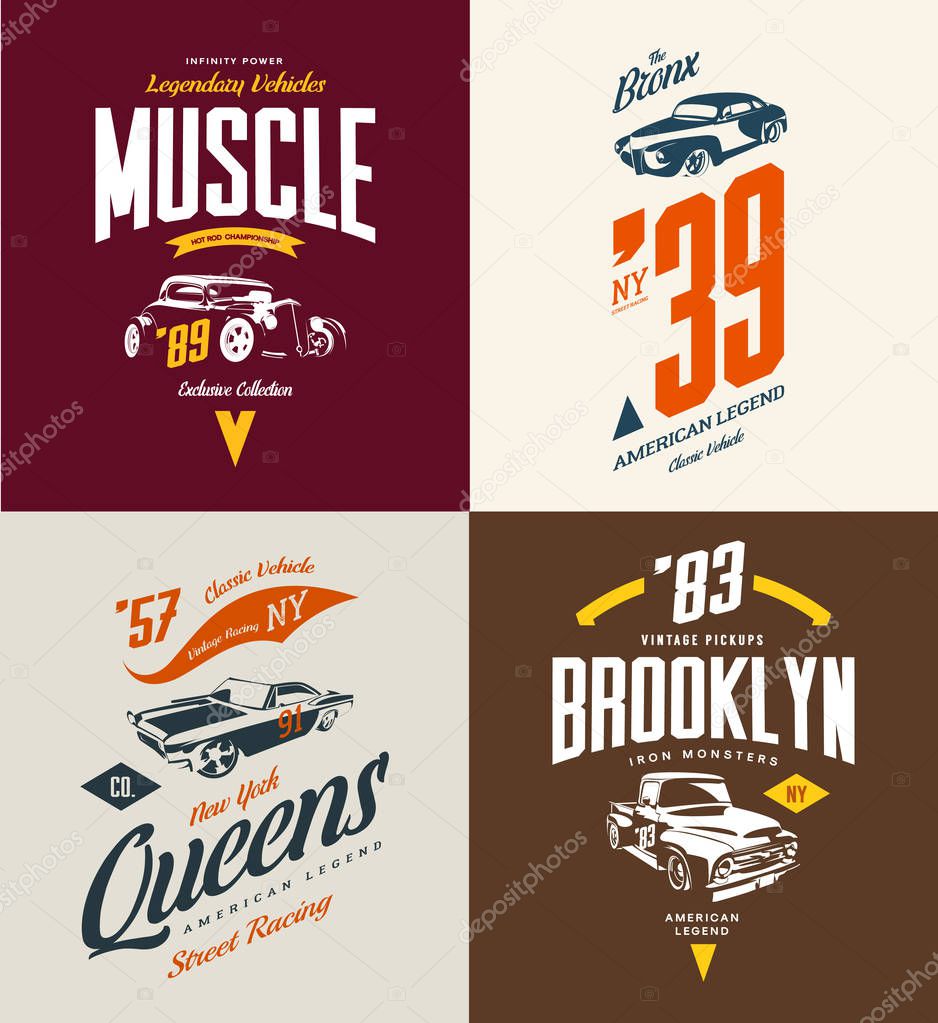 Vintage hot rod, muscle car and pickup vector tee-shirt logo isolated set.Premium quality old sport vehicle logotype t-shirt emblem illustration. Street wear superior retro tee print design.