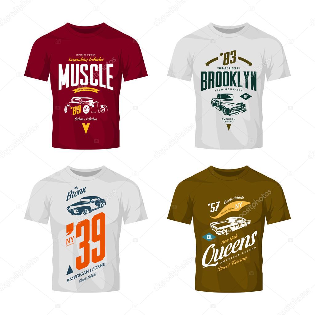 Vintage hot rod, muscle car and pickup vector t-shirt logo mock up set.Premium quality old sport vehicle logotype tee-shirt emblem illustration. New York street wear superior retro tee print design.