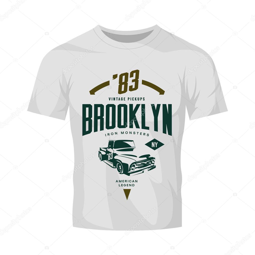 Vintage pickup vehicle vector logo isolated on white t-shirt mock up. Premium quality old car logotype tee-shirt emblem illustration. Brooklyn, New York City street wear retro tee print design.