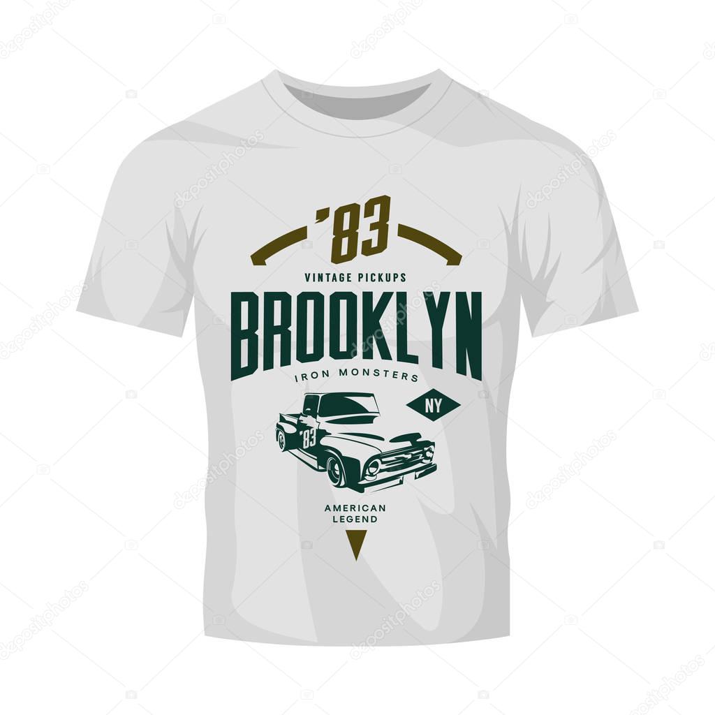 Vintage pickup vehicle vector logo isolated on white t-shirt mock up. 