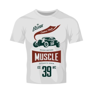 Vintage hot rod araç vektör logosu beyaz t-shirt sahte kadar izole.