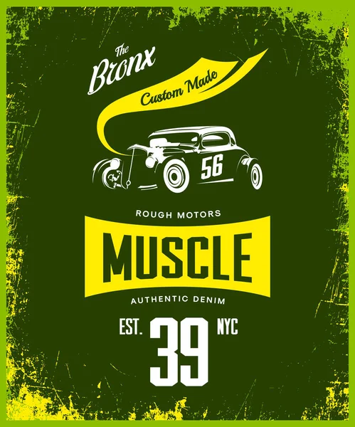 Vintage hot rod araç vektör tişört logo üzerinde yeşil arka plan izole.