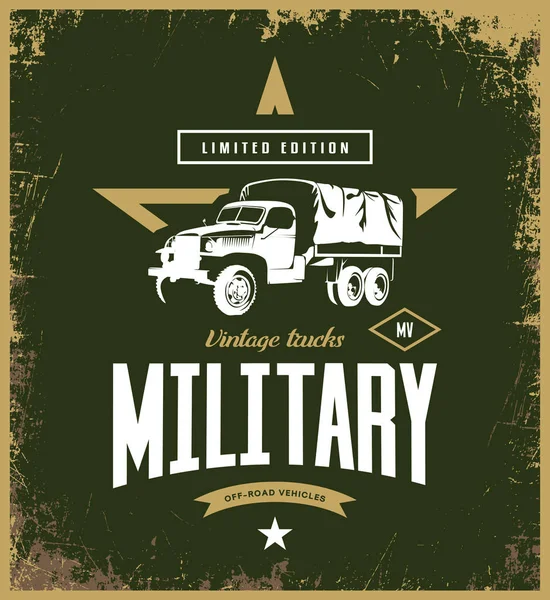Vintage Στρατιωτικό φορτηγό λογότυπο φορέα απομονώνονται σε χακί φόντο. — Διανυσματικό Αρχείο