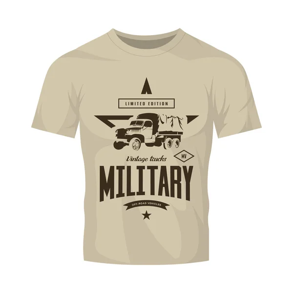 Vintage askeri kamyon vektör logo üzerinde kahverengi tişört sahte kadar izole. — Stok Vektör