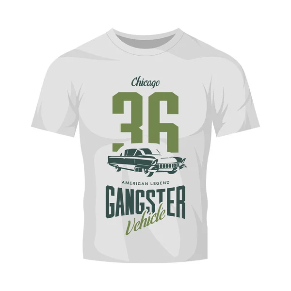 Vintage gangster fordonet vektor logo på vit t-shirt håna upp. — Stock vektor
