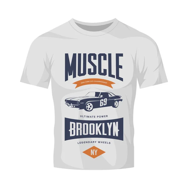 Vintage muscle car vector logo isolated on white t-shirt mock up. — Stock Vector