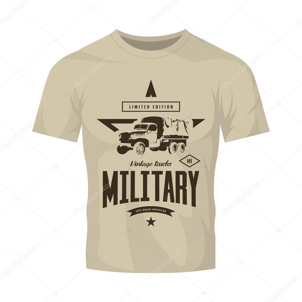 Vintage military truck vector logo isolated on brown t-shirt mock up. Premium quality old vehicle logotype tee-shirt emblem illustration. American off-road car street wear superior retro tee print design.
