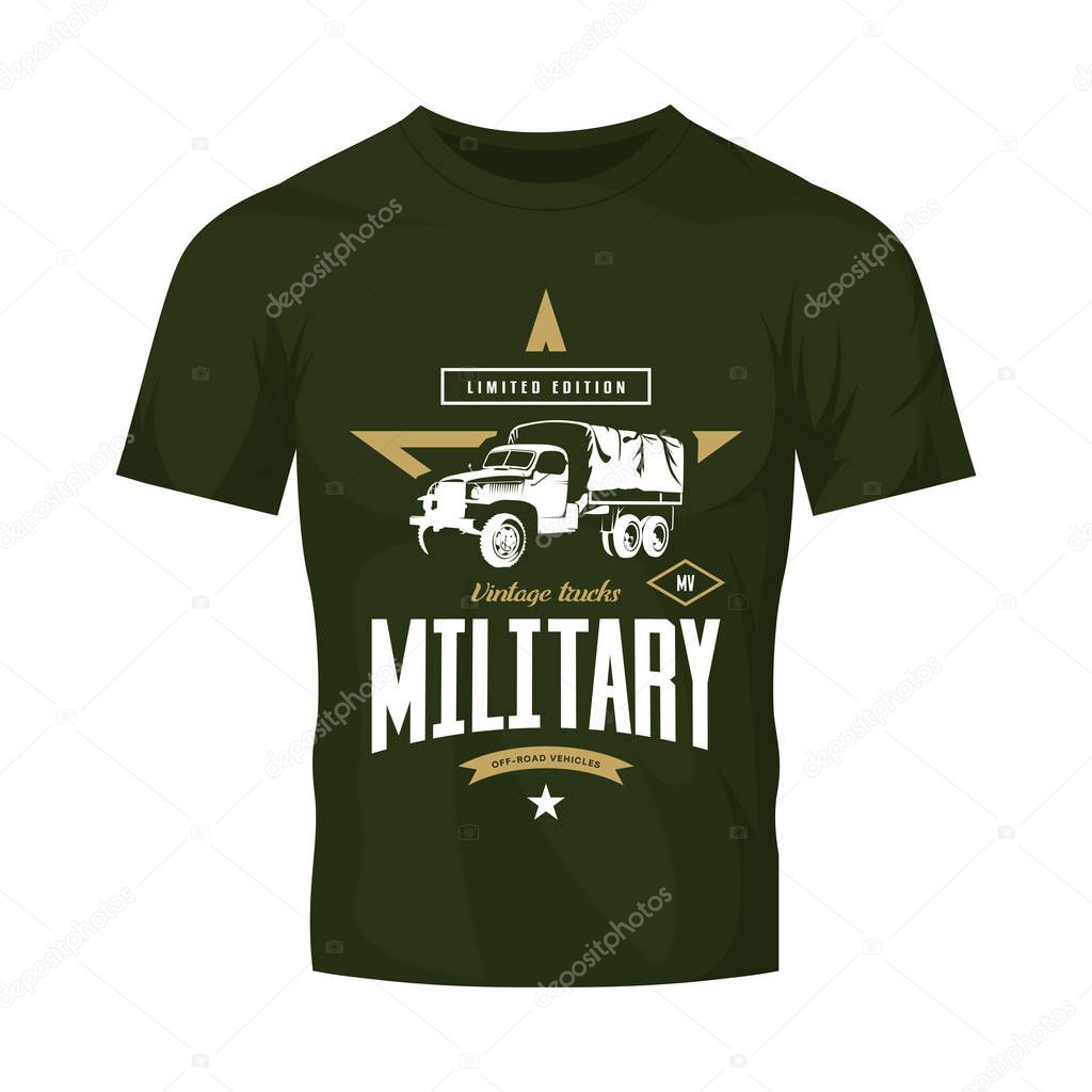 Vintage military truck vector logo on khaki t-shirt mock up. Premium quality old vehicle logotype tee-shirt emblem illustration. American off-road car street wear superior retro tee print design.
