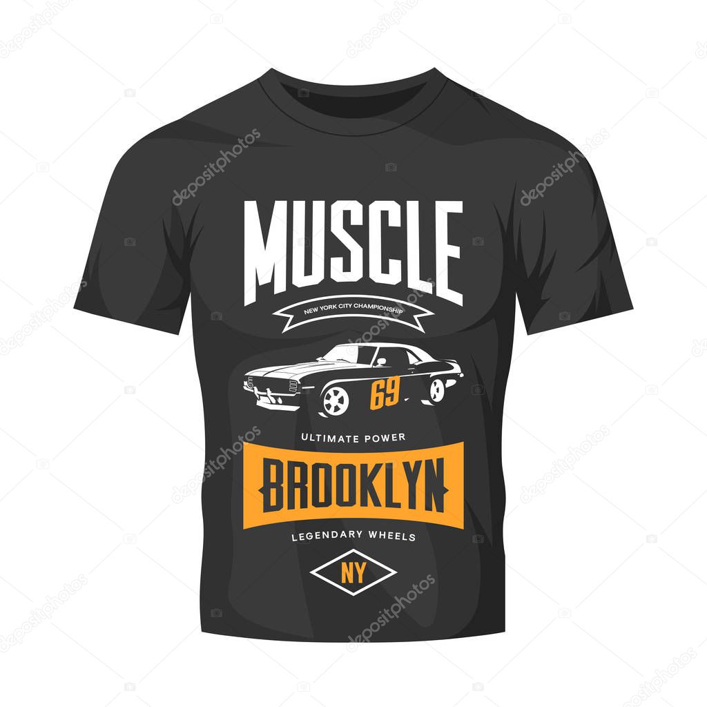 Vintage muscle car vector logo isolated on black t-shirt mock up.