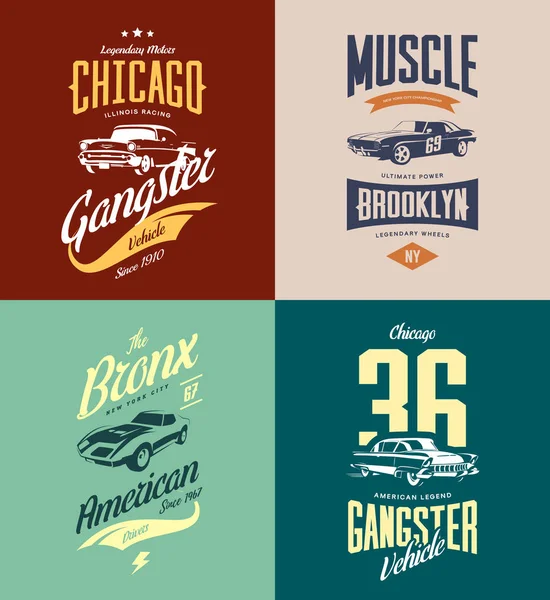 Vintage klasik gangster, kas araba vektör tişört logosu set izole..