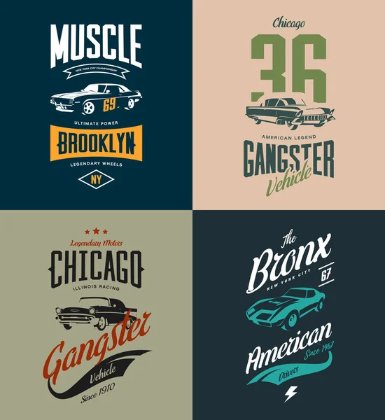 Vintage klasik gangster, kas araba vektör tişört logosu set izole..