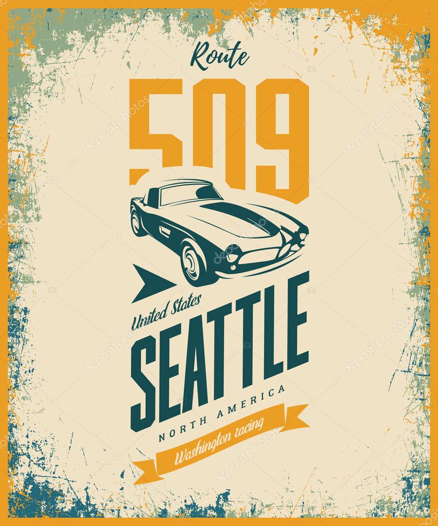 Vintage sport vehicle vector logo isolated on light background.Premium quality classic car logotype tee-shirt emblem illustration. Seattle, Washington street wear superior retro tee print design.