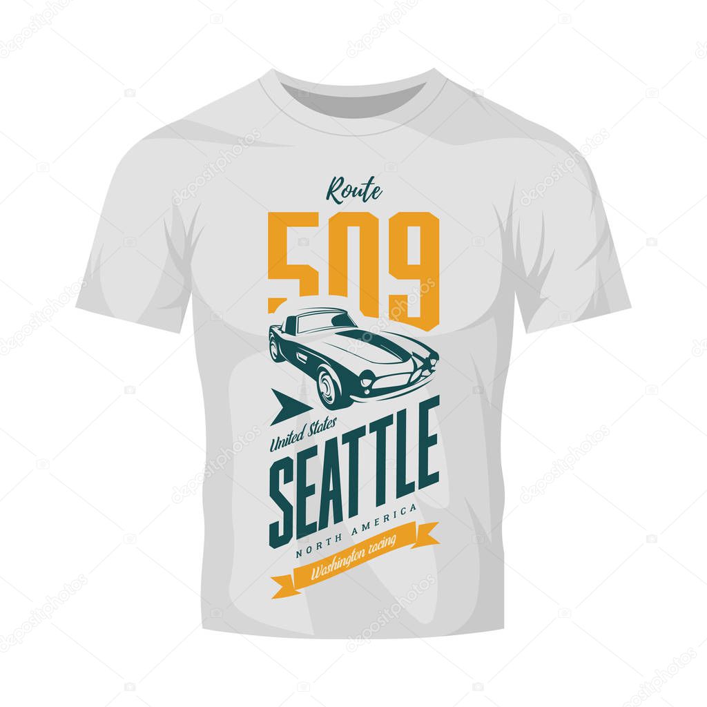Vintage sport vehicle vector logo isolated on white t-shirt mock up.Premium quality car logotype tee-shirt emblem illustration. Seattle, Washington street wear superior retro tee print design.