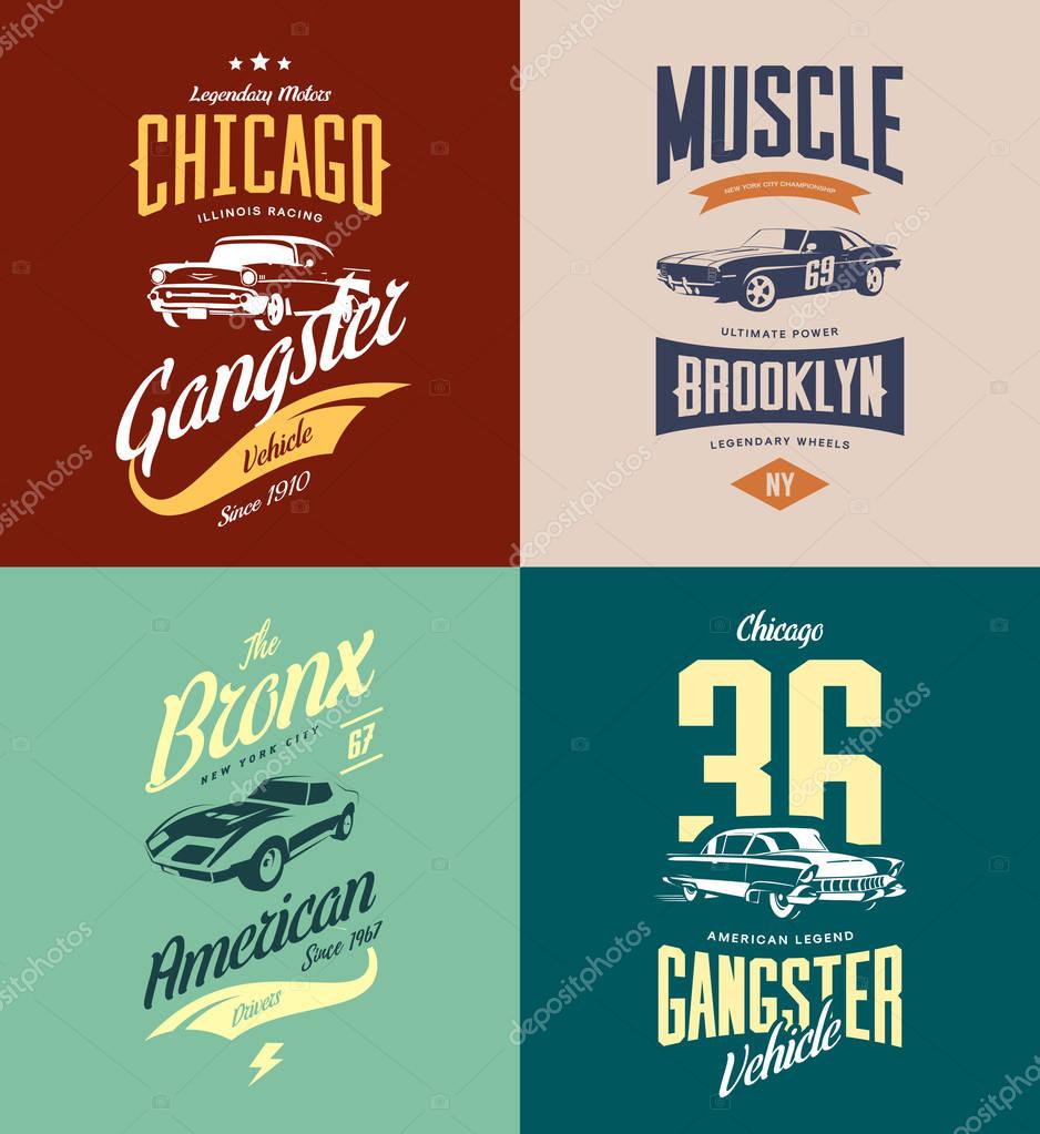 Vintage classic gangster, muscle car vector tee-shirt logo isolated set.Premium quality old sport vehicle logotype t-shirt emblem illustration. American street wear superior retro tee print design.