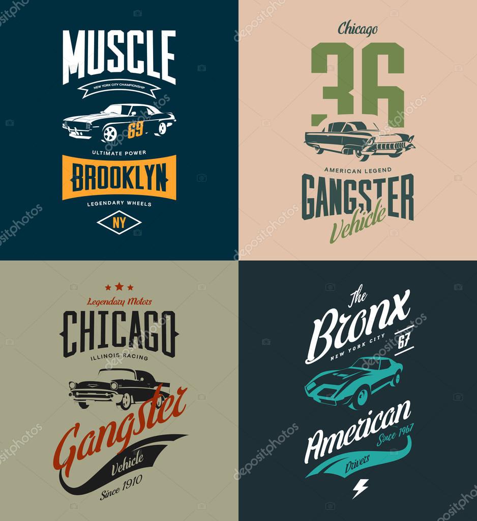 Vintage classic gangster, muscle car vector tee-shirt logo isolated set.Premium quality old sport vehicle logotype t-shirt emblem illustration. American street wear superior retro tee print design.