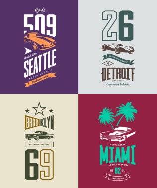 Vintage roadster, izole klasik ve spor araba vektör t-shirt logo koymak.