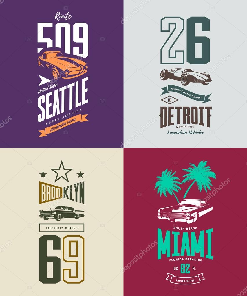Vintage roadster, classic and sport car isolated vector t-shirt logo set. Premium quality old vehicle logotype tee-shirt emblem illustration. Street wear superior number retro tee print design.