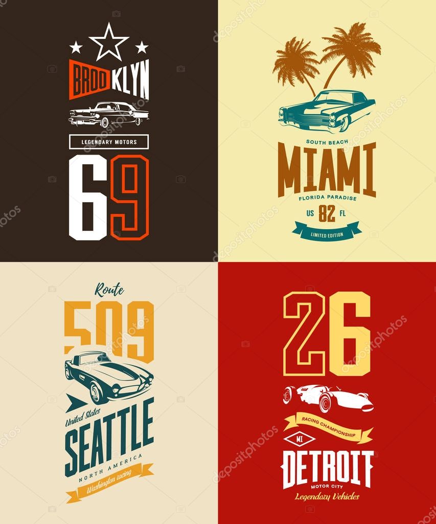 Vintage roadster, classic and sport car isolated vector t-shirt logo set. Premium quality old vehicle logotype tee-shirt emblem illustration. Street wear superior number retro tee print design.