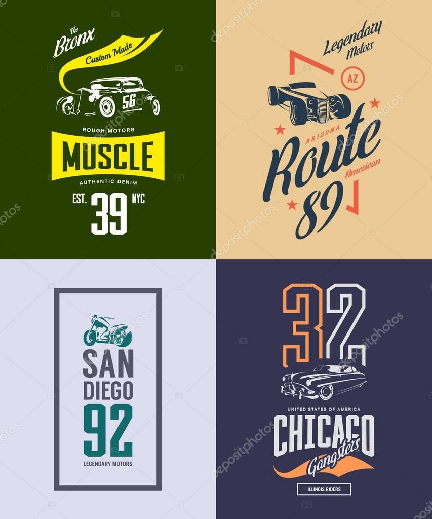 Vintage hot rod, classic car and motorcycle isolated vector t-shirt logo set. Premium quality old sport vehicle logotype tee-shirt emblem illustration. Street wear superior retro tee print design.