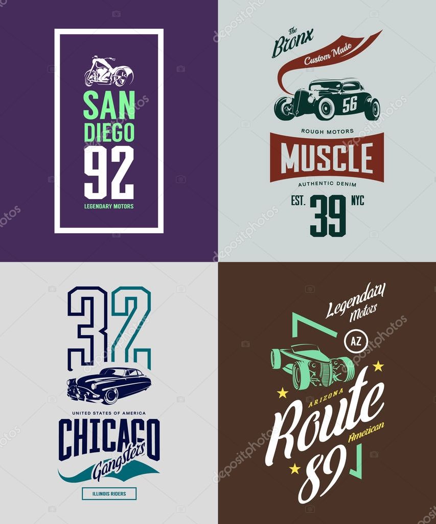 Vintage hot rod, classic car and motorcycle isolated vector t-shirt logo set. Premium quality old sport vehicle logotype tee-shirt emblem illustration. Street wear superior retro tee print design.