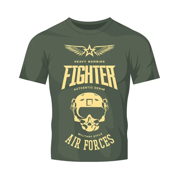 Vintage fighter pilot helmet vector logo isolated on khaki t-shirt mock up. — Stock Vector