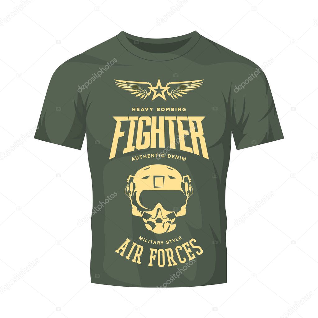 Vintage fighter pilot helmet vector logo isolated on khaki t-shirt mock up.Premium quality air force logotype t-shirt emblem illustration poster. Military street wear superior retro tee print design.