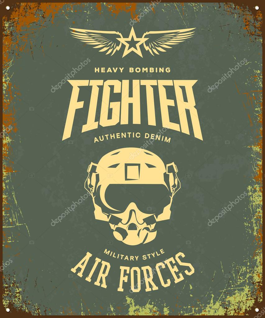 Vintage fighter pilot helmet vector logo isolated on khaki background. Premium quality air force logotype t-shirt emblem illustration poster. Military street wear superior retro tee print design.