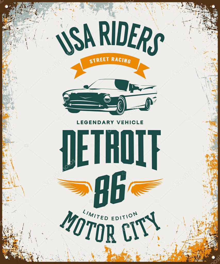 Vintage cabriolet vehicle t-shirt vector logo on light background. Premium quality classic car logotype tee-shirt emblem illustration. Detroit, Michigan street wear superior retro tee print design.