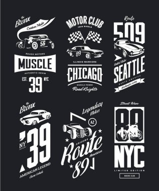 Vintage kas araba, roadster vektör t-shirt izole logo koymak.