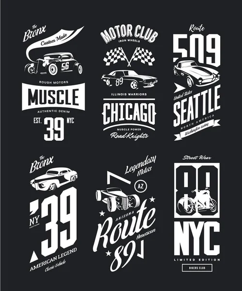 Vintage muscle car, roadster vettore t-shirt logo isolato set . — Vettoriale Stock
