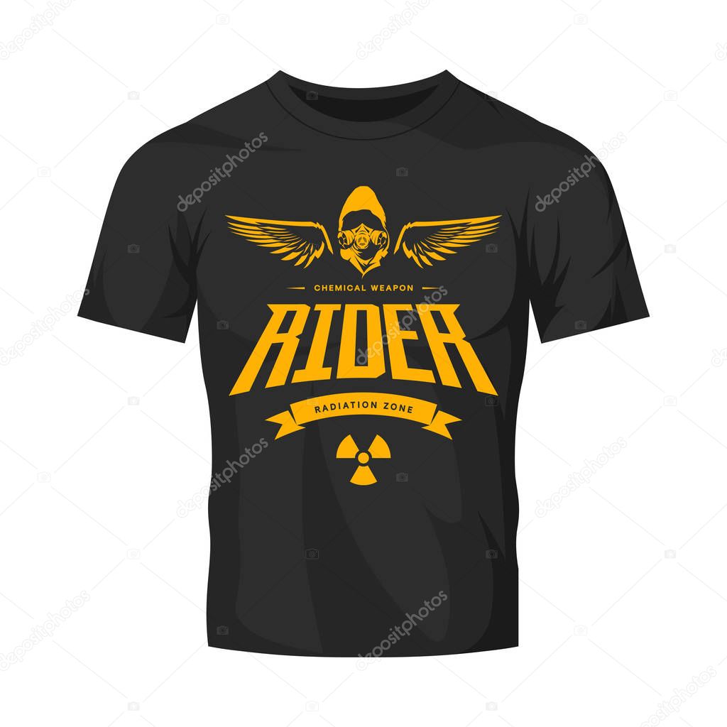Vintage toxic rider in gas mask vector logo isolated on dark t-shirt mock up.