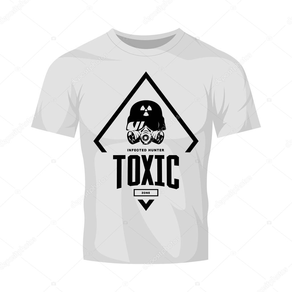 Rider in helmet and gas mask vector logo isolated on white t-shirt mock up.