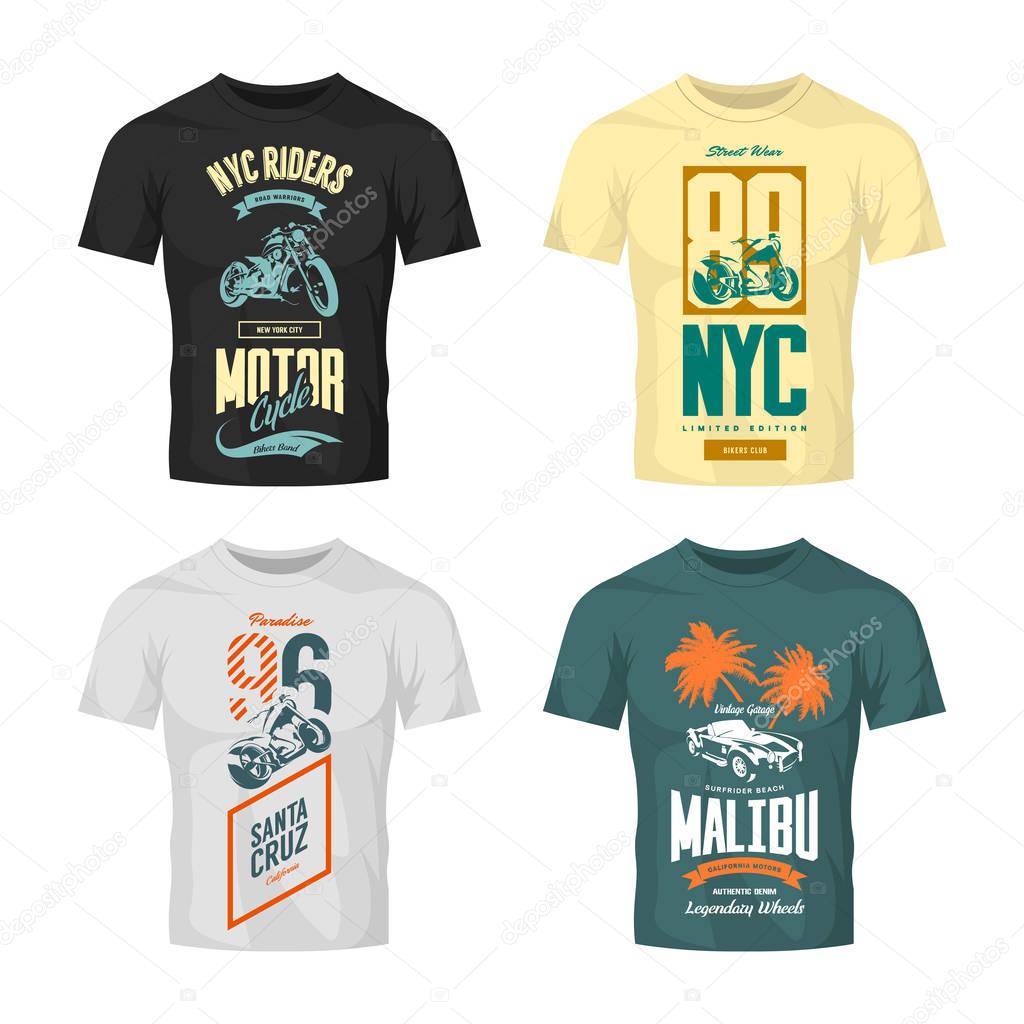 Vintage New York bikers club vector logo t-shirt mock up set.Premium quality Santa Cruz motorcycle logotype tee-shirt emblem illustration. Malibu roadster car street wear retro tee print design.