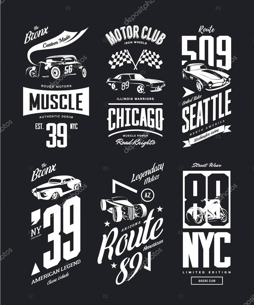 Vintage muscle car, roadster vector t-shirt logo isolated set.Premium quality motorcycle bikers club logotype tee-shirt emblem illustration. Bronx hot rod vehicle street wear retro tee print design.
