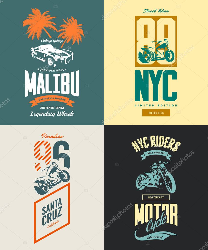 Vintage New York bikers club vector t-shirt logo isolated set.Premium quality Santa Cruz motorcycle logotype tee-shirt emblem illustration. Malibu roadster car street wear retro tee print design.