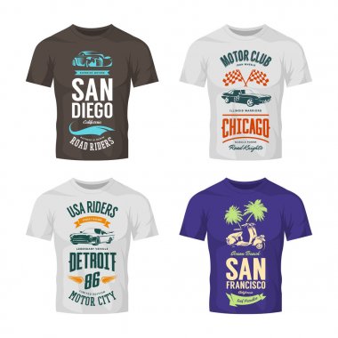 Vintage kas araba, moped ve klasik araç vektör logosu t-shirt sahte set up izole. Premium Kalite scooter logo tişört amblemi illüstrasyon. ABD biniciler sokak retro tee baskı tasarımı giymek.