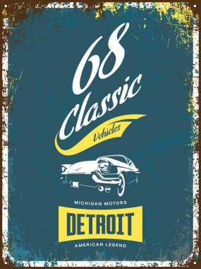 Vintage Amerikan araç t-shirt vektör logo koyu arka plan üzerinde. Premium Kalite klasik otomobil logo tişört amblemi illüstrasyon. Detroit, Michigan sokak giyim üstün retro tee baskı tasarımı.